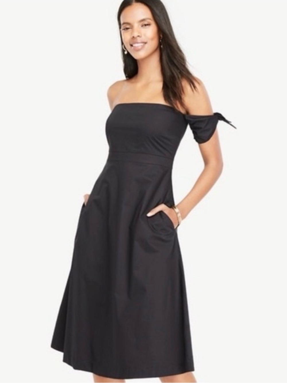 Ann Taylor Black Strapless Midi Dress with Tie Sleeve Detail